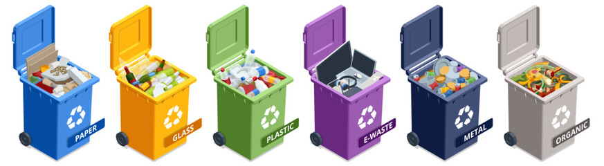 Obraz na płótnie Canvas Colorful isometric recycle bin set for paper, glass, plastic, electronic, metal and organic waste on a plain background. Separate collection concept for city sorting and sustainable sanitation