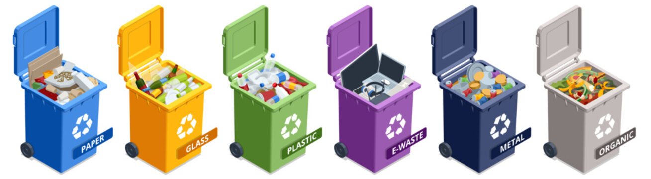 Colorful isometric recycle bin set for paper, glass, plastic, electronic, metal and organic waste on a plain background. Separate collection concept for city sorting and sustainable sanitation