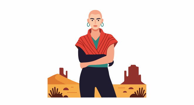 Bald woman in a red shawl and dark pants stands in a desert landscape