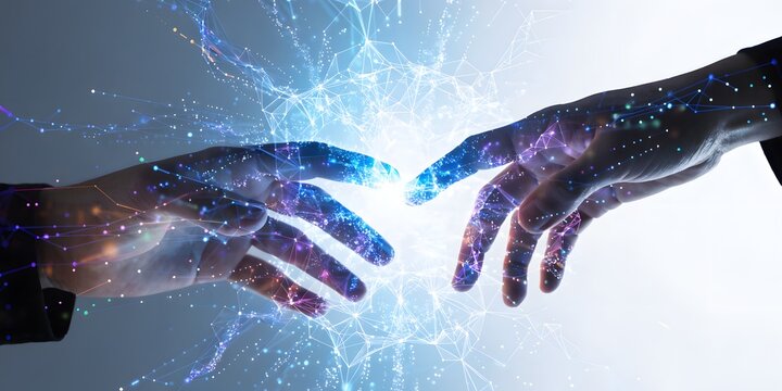 Two hands reaching out to each other with glowing blue and purple connections on white background