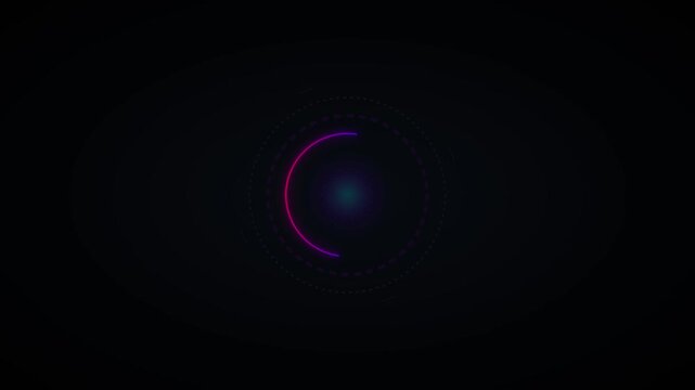 Minimalist glowing neon semicircle with subtle dotted circular HUD on dark background