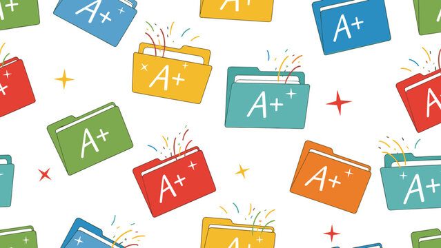 Pattern of colorful file folders labeled with A plus grades represents academic excellence, organization, and successful school performance.
