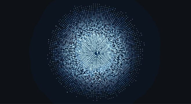 Abstract digital background with glowing concentric circles and blue binary code patterns for tech designs.