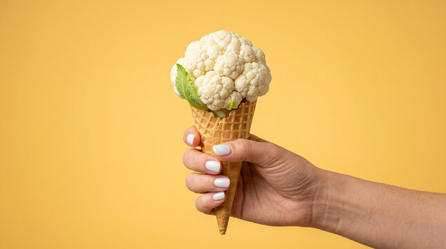 Cauliflower Ice Cream Cone on Yellow Background
