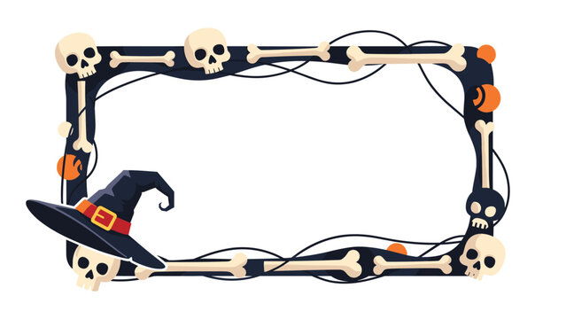 Rectangular halloween frame decorated with skulls, crossed bones, and a black witch hat against a dark background with orange dots.