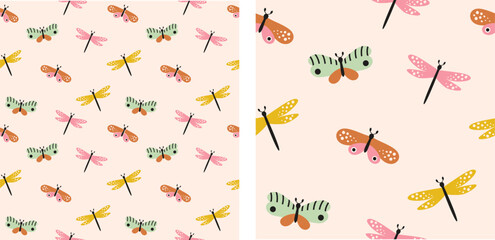Cute seamless patterns with hand drawn butterflies and dragonflies, insect background, vector editable textile design. © Anastasiia Diubua