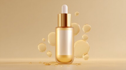 Naklejka premium luxury gold cosmetic dropper bottle mockup template background floating liquid oil droplets skin care collagen serum essential oil blank white label container presentation showcase banner design