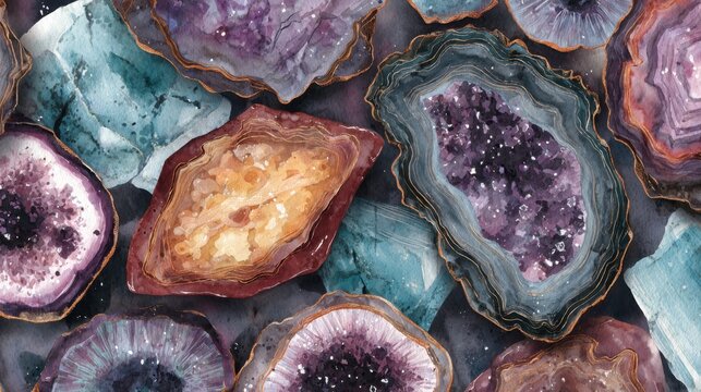 watercolor agate crystal slice seamless pattern background luxury abstract geode mineral stone texture gemstone amethyst quartz marble gold line print wallpaper textile template banner design