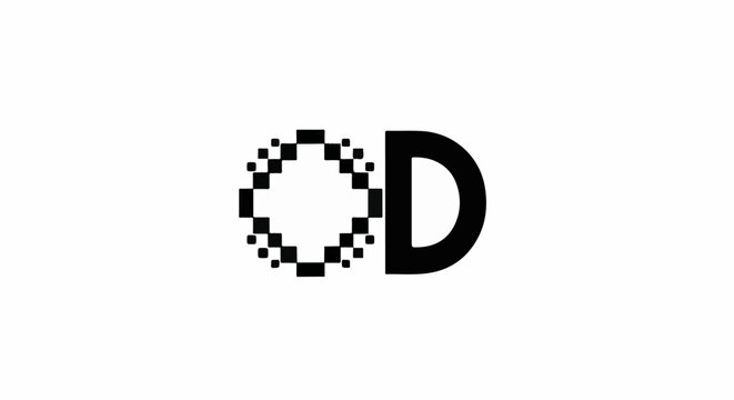 Abstract pixelated circular shape and bold letter D on white background