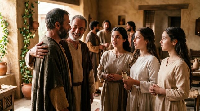 Apostle Paul meeting Philip the deacon with his daughters in Caesarea. Biblical scene from Acts of the Apostles. Group of men and young women in historical robes indoor assembly.