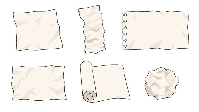 Set of crumpled paper sheets and scroll in hand drawn style