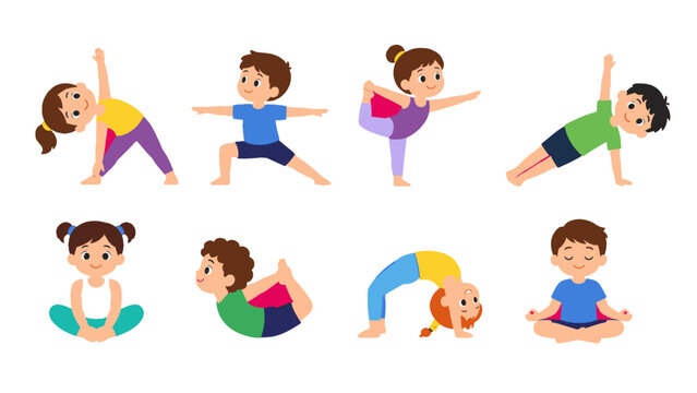 Cartoon children practicing yoga poses set on white background