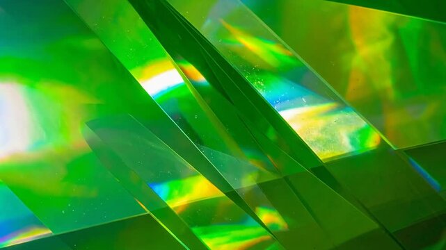 緑色の光が反射するクリスタルプリズムの抽象ガラス背景テクスチャ