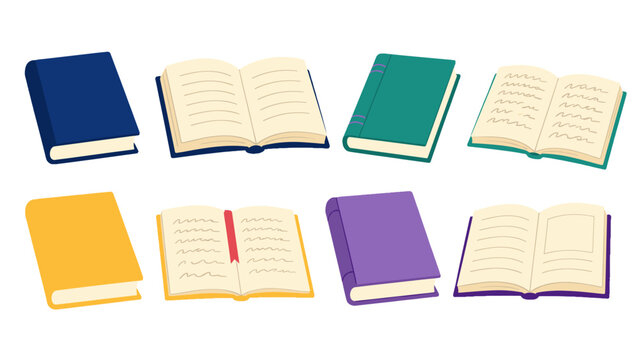 Collection of colorful closed and open book vector illustrations