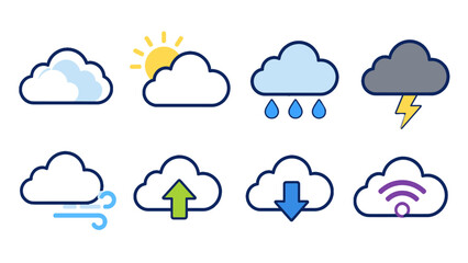 Obraz premium Cloud weather and network icon set with rain, wind, upload