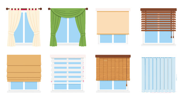 Set of window curtains, blinds, and shades in flat vector style