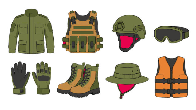 Vector set of protective clothing and outdoor equipment