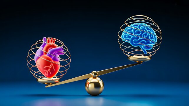 Balanced heart and brain concept representing emotional intelligence and rational thinking
