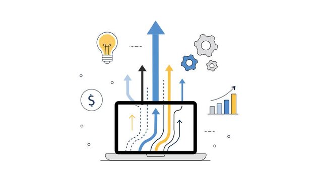 Modern Digital Growth Concept Animation with Laptop and Rising Arrows, Financial Symbols, Analytics Chart, Idea Light bulb And Gears. Business Development, Innovation, and Productivity. 