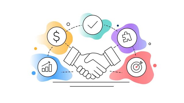 Modern Business Handshake Concept Surrounded By Icons Representing Financial Growth, Trust, Goals, Problem Solving And Success. Professional Partnership, Collaboration And Corporate Agreement 