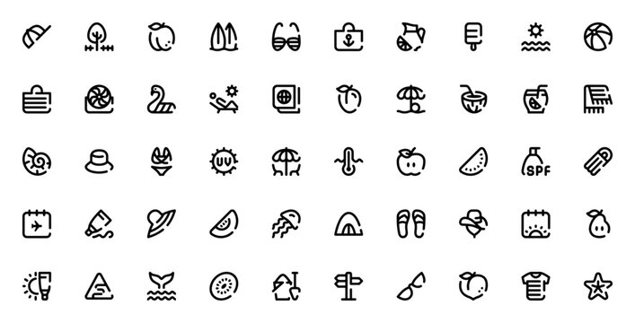 Summer icon set. Minimalist vector pack. Includes symbols for sun, beach, sunglasses, swimsuit, watermelon, coconut, cocktail, flamingo, surfboard, beach ball, lemonade, ice pop, hat, towel, shell, st