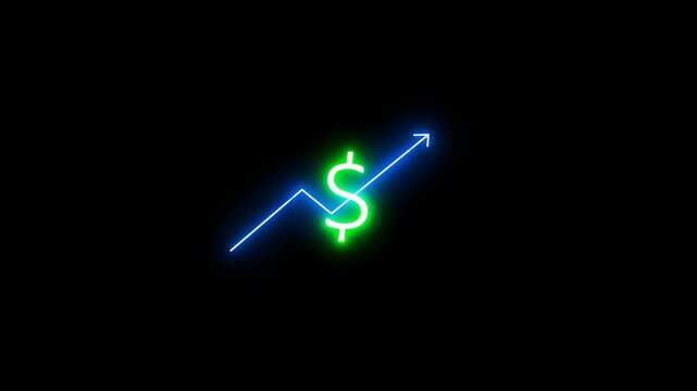 Dollar Symbol With Rising Arrow Animation. Luminous Neon Light Outline On Black Background.  Financial Growth Concept 
