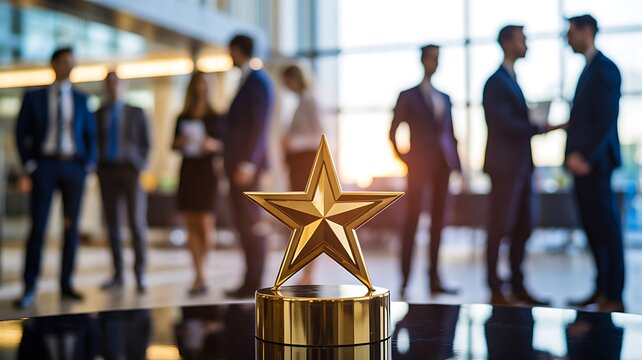 Golden star award trophy with business professionals celebrating achievement and success