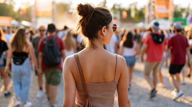 Diverse crowd of people walking towards a music festival entrance gate at sunset