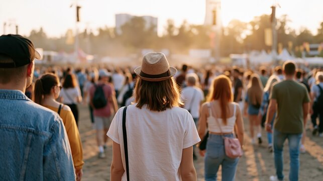 Diverse crowd of people walking towards a music festival entrance at sunset