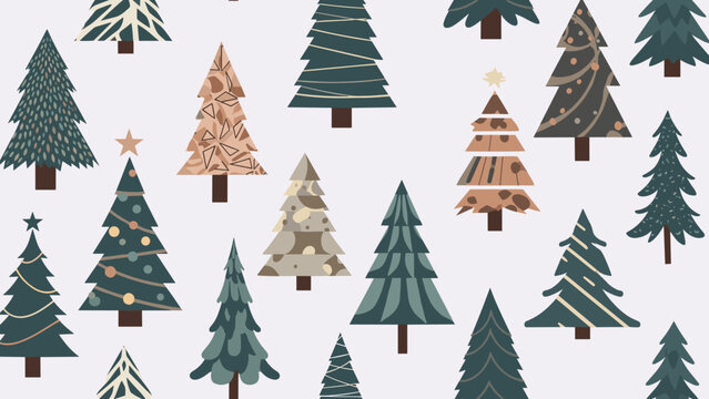 Christmas pattern featuring many stylized pine trees with various textures and colors on a soft gray background.