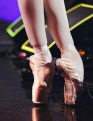 Ballet dancers couple during performance repetition, classic ballet rehearsal practicing in ballroom, view of legs in pointe shoes, ballerina and ballet dancer on a concert hall theatre stage floor © tsuguliev
