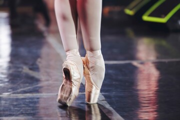 Ballet dancers couple during performance repetition, classic ballet rehearsal practicing in ballroom, view of legs in pointe shoes, ballerina and ballet dancer on a concert hall theatre stage floor © tsuguliev