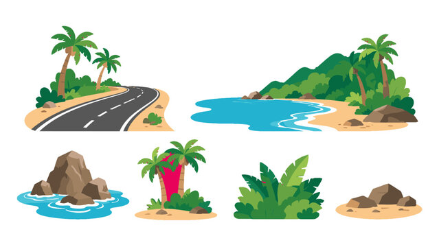 Tropical island landscape elements and beach scene vector set