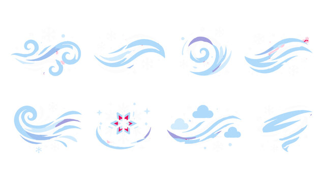 Set of blue winter wind swirl elements with snowflakes