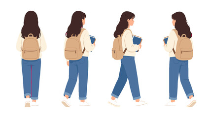 Young woman student with backpack shown in four walking poses © Alan