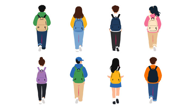 Back view of students with backpacks walking set illustration