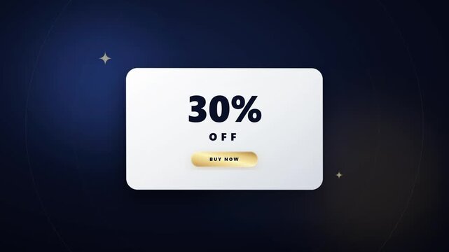 White sale card with 30 percent off and golden buy now button on a dark blue background