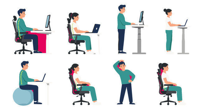 Office ergonomics postures and workstation positions illustration set