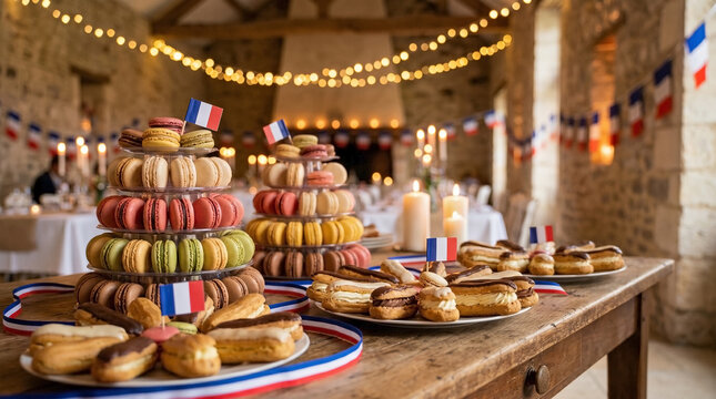 Colorful Macaron Towers and Gourmet &Eacute;clairs on a Dessert Buffet with French Tricolor Decorations for Special Occasion Catering, European Patisserie Blogs, and Celebration Event Planning