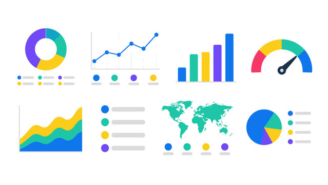 Colorful dashboard infographic set with charts and world map
