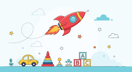 Obraz premium Colorful child's playroom with various toys on the floor and a large red rocket ship flying through the sky with stars and clouds.