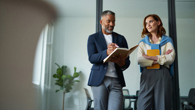 Experienced creative director drafting a spontaneous idea in his notebook during an impromptu hallway meeting while his confident business partner watches with quiet approval.
