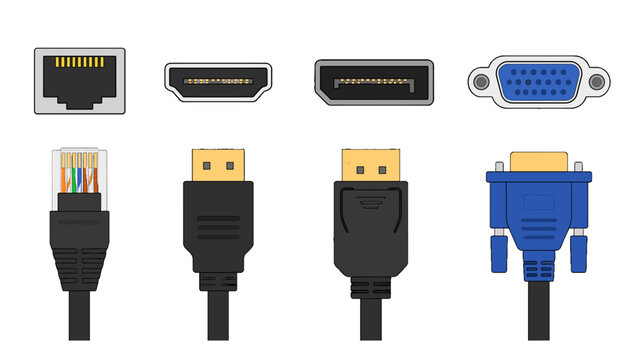 Set of computer cable and display connector vector icons
