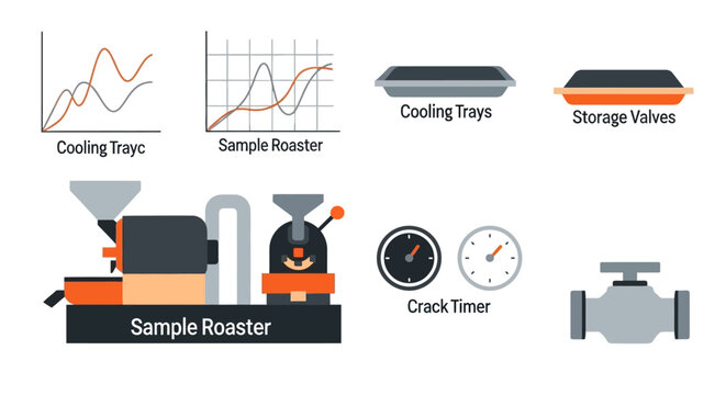 Coffee Roasting Process Icons: Roaster, Timer, Graphs, Trays, Valves