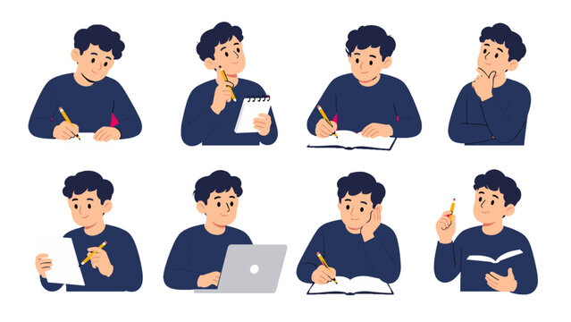 Set of student study poses with notebook, book and laptop