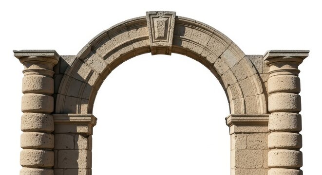 Ancient Stone Archway Isolated on White Background - Classical Architectural Element with Columns and Keystone