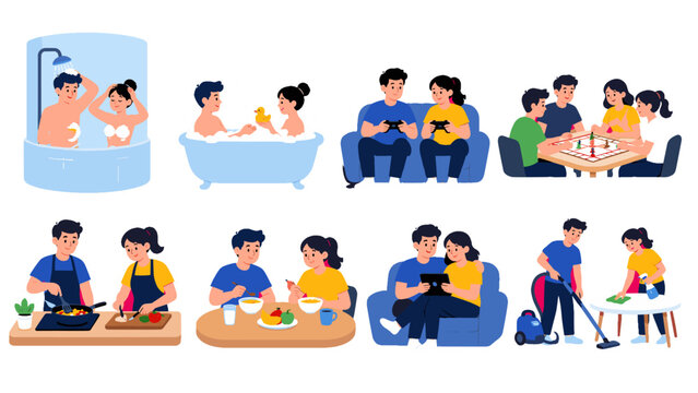 Couple and family daily activities flat vector illustration set