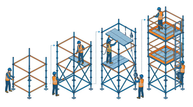 Scaffolding Construction Process Isometric Vector Illustration