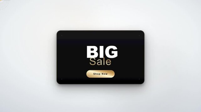 Black and gold big sale announcement with shop now button on white background shopping
