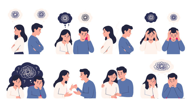 Couple with stress and communication problems flat vector set